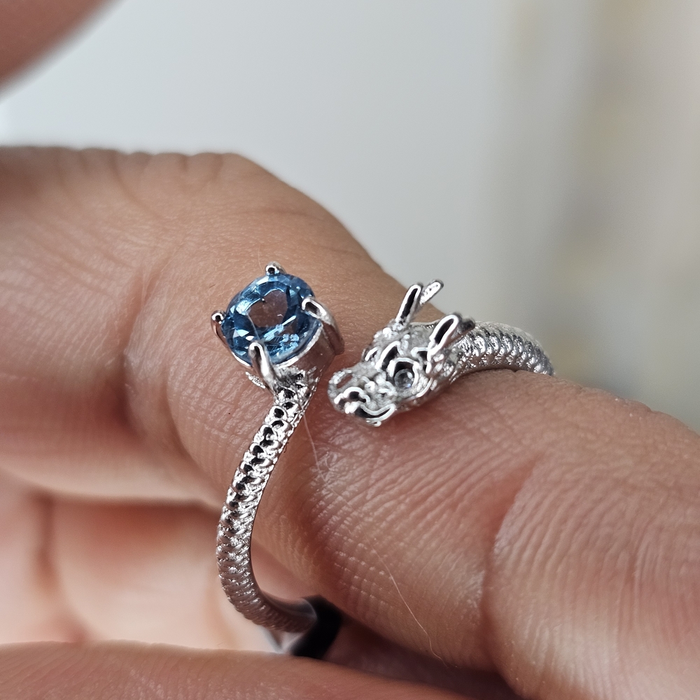 Silver Dragon Ring with Blue Gemstone